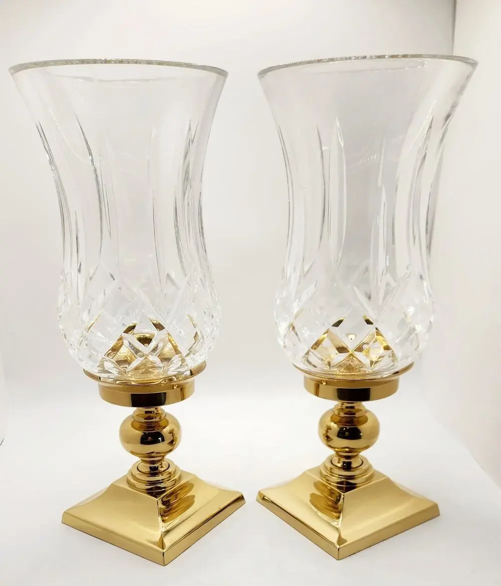 Waterford Lismore Crystal & Brass Hurricane Candle Holders Pair w/Original Boxes